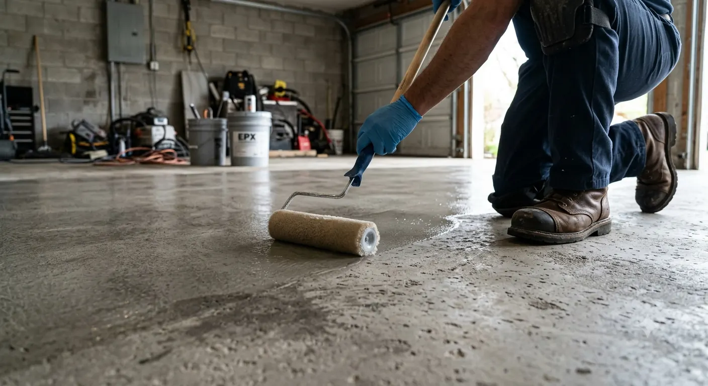 Base coat being rolled onto a prepared concrete slab