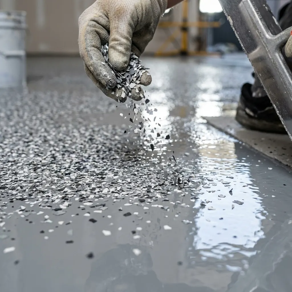 Vinyl flake broadcast by hand into a wet base coat