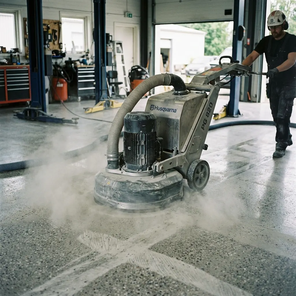 Planetary diamond grinder opening the surface of a concrete slab
