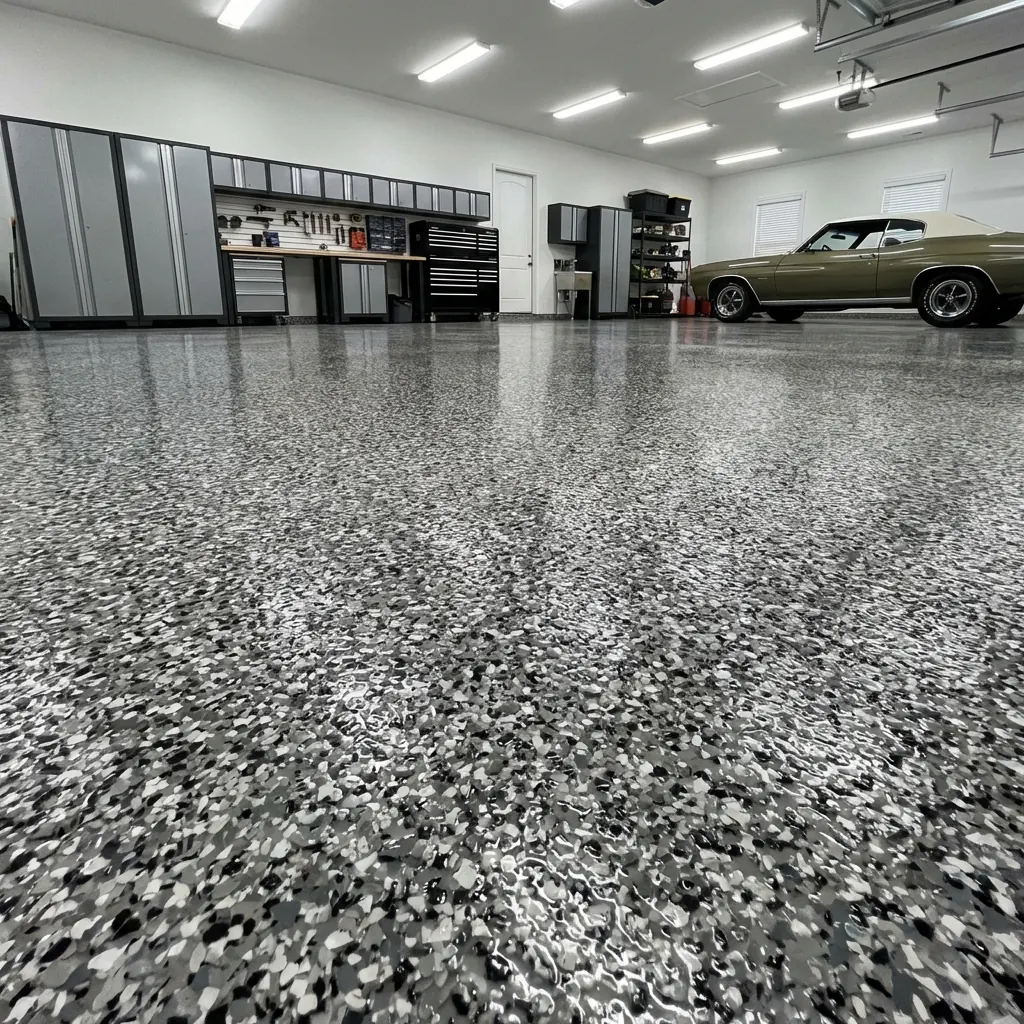 Finished flake floor in a garage, back in service