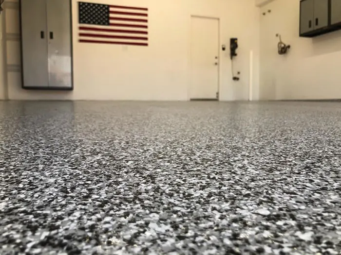 Residential Garage, Black & White Flake &mdash; full-broadcast flake floor coating