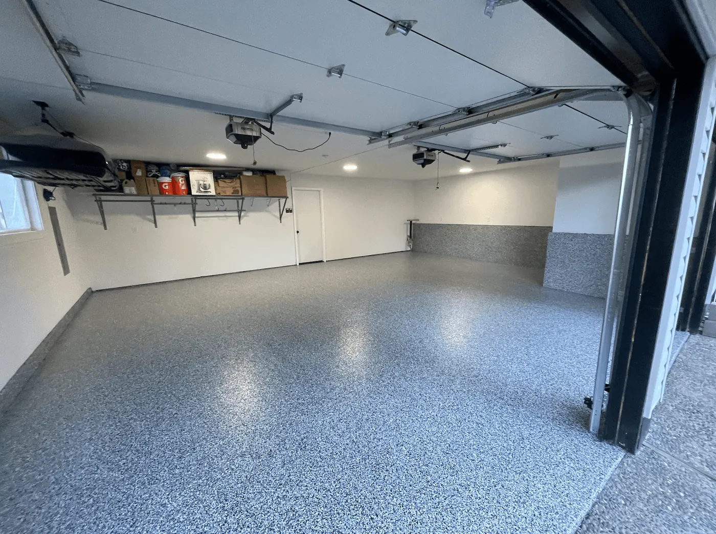 Residential Garage, Blue Granite Flake &mdash; full-broadcast flake floor coating