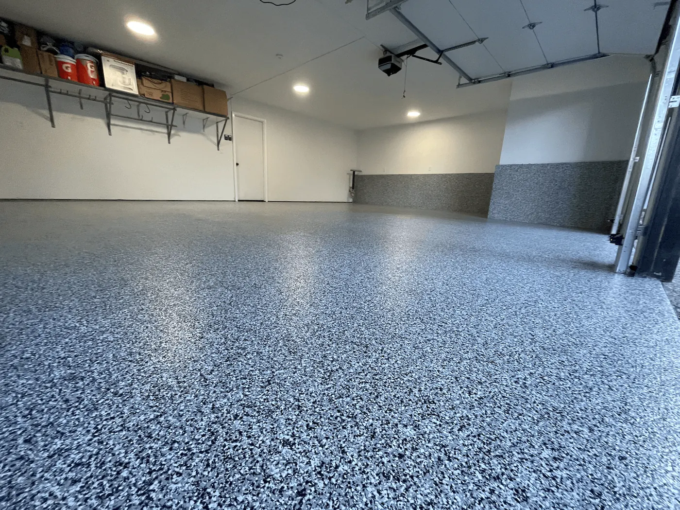 Residential Garage, Blue Granite Flake &mdash; full-broadcast flake floor coating