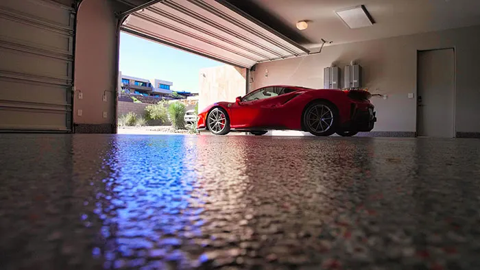Residential Garage, Dark Flake &mdash; full-broadcast flake floor coating