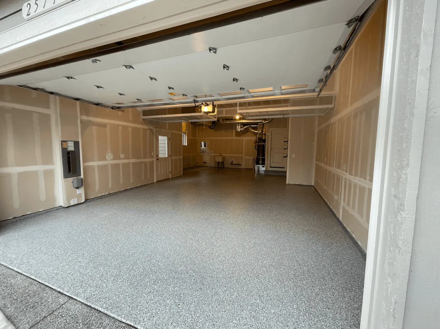 Residential Garage, Dove Gray Flake &mdash; full-broadcast flake floor coating