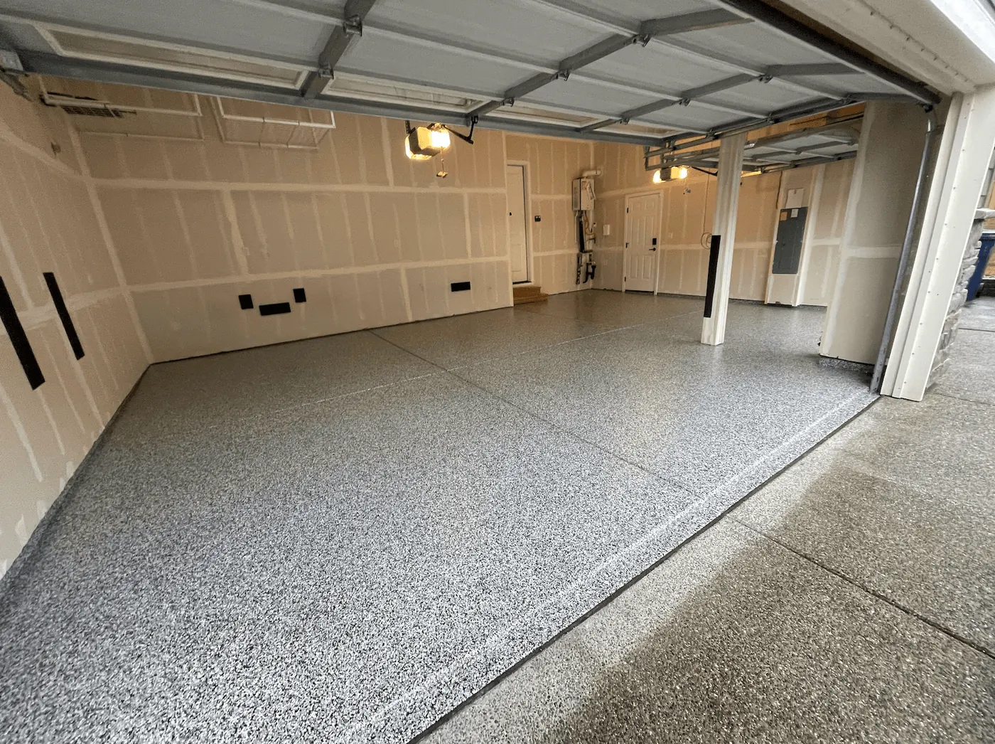 Residential Garage, Dove Gray Flake &mdash; full-broadcast flake floor coating