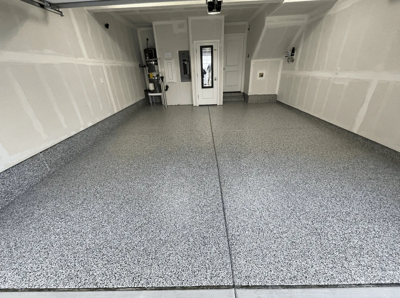Residential Garage, Frost Gray Flake &mdash; full-broadcast flake floor coating