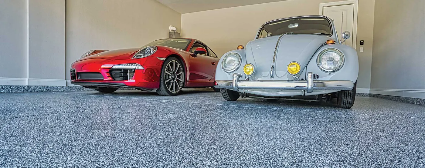 Residential Garage, Gray Flake &mdash; full-broadcast flake floor coating