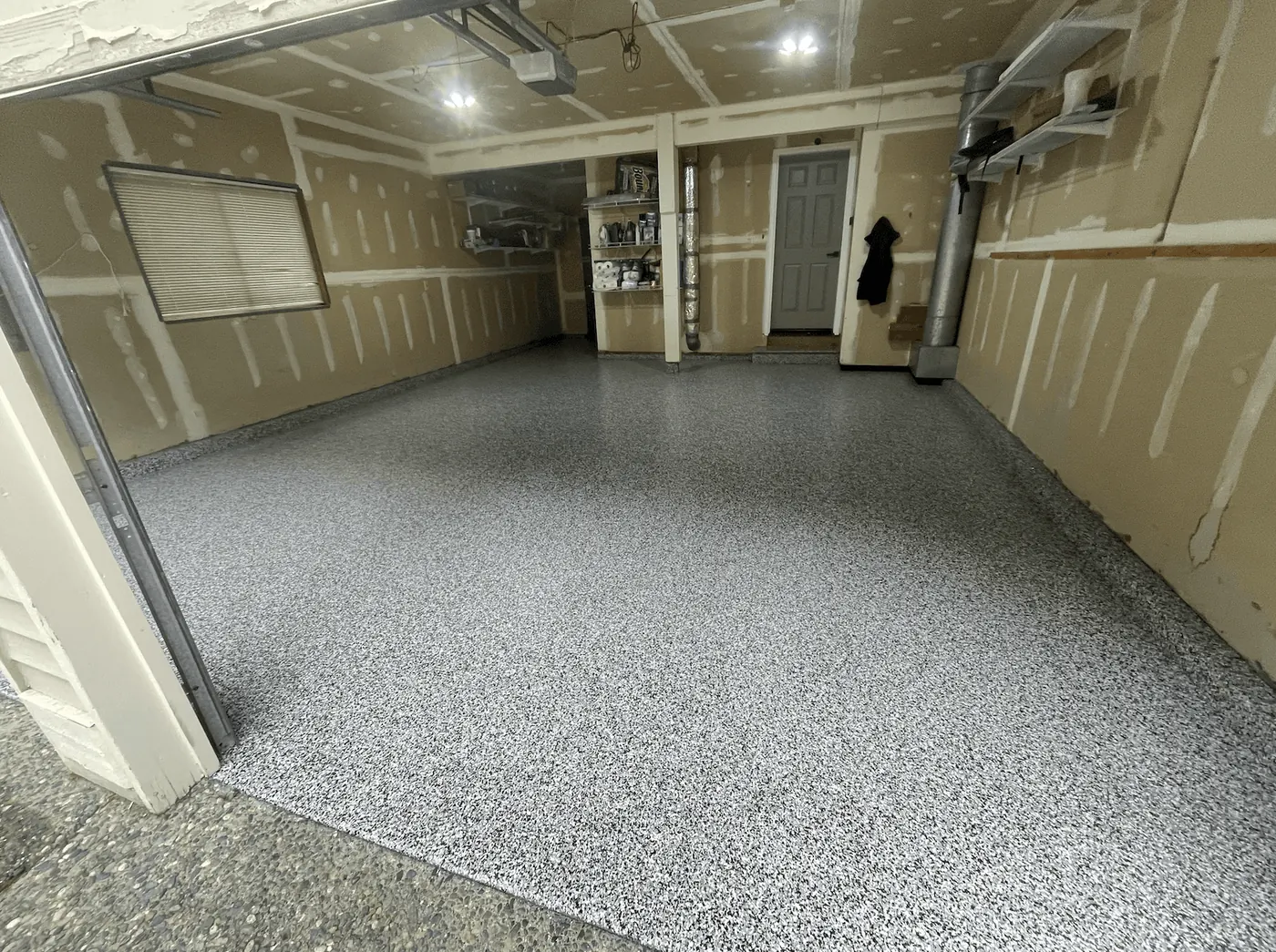 Residential Garage, Oyster Flake &mdash; full-broadcast flake floor coating