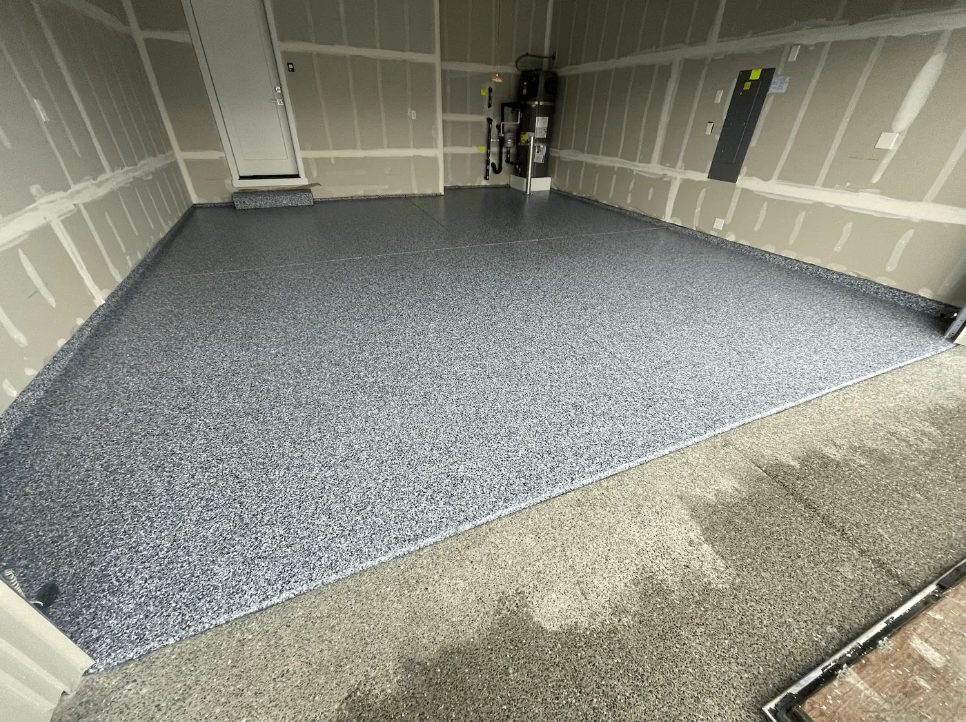 Residential Garage, Slate Blue Flake &mdash; full-broadcast flake floor coating