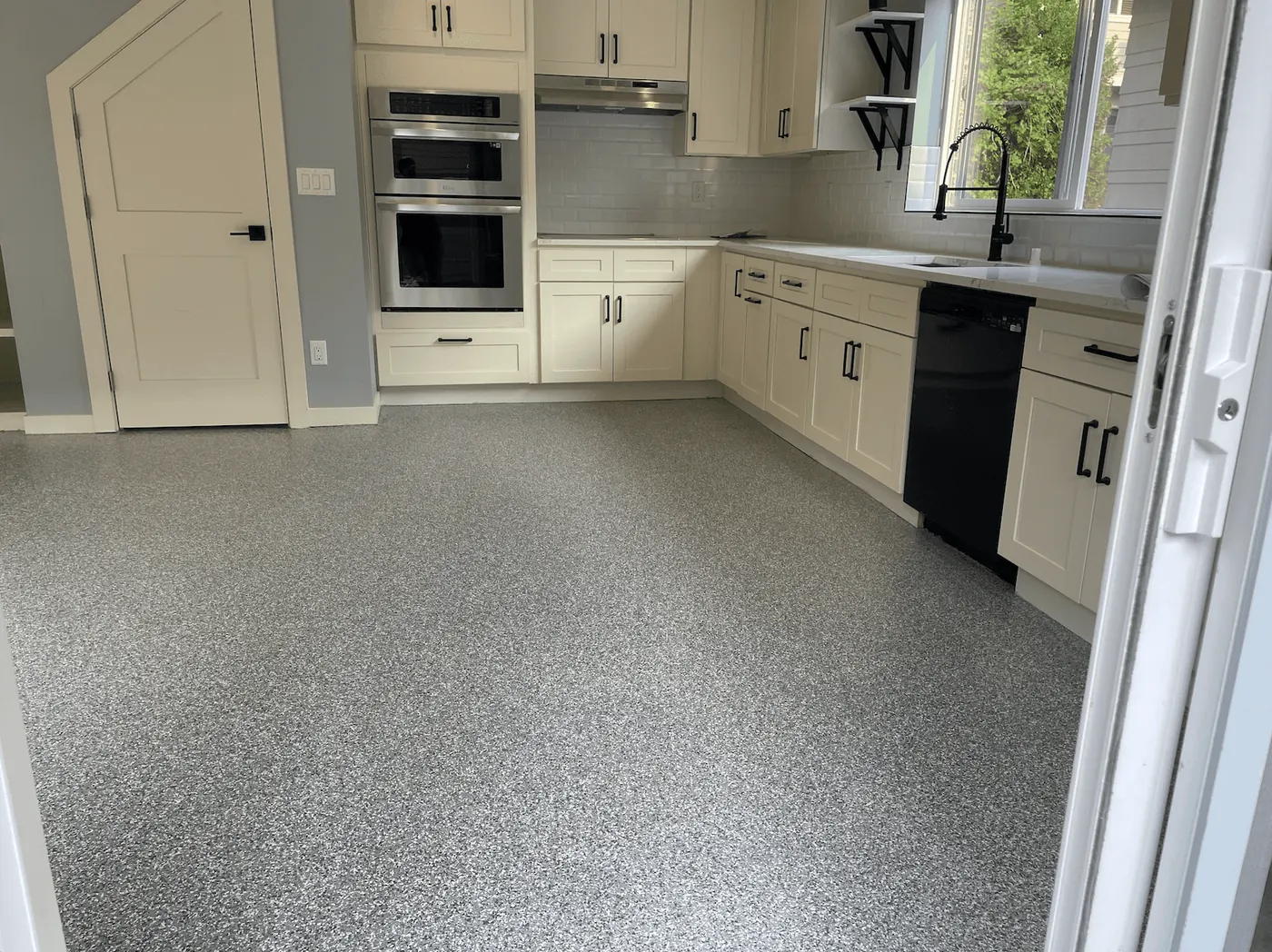 Residential Kitchen, Gray Flake &mdash; full-broadcast flake floor coating